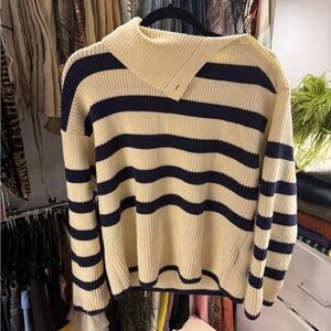 Striped Cream and Navy Button-Shoulder Knit Sweater